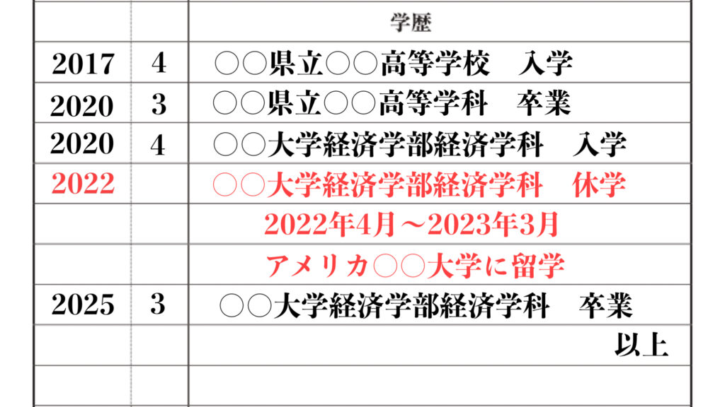 １年以上の正規留学した場合の履歴書の書き方例