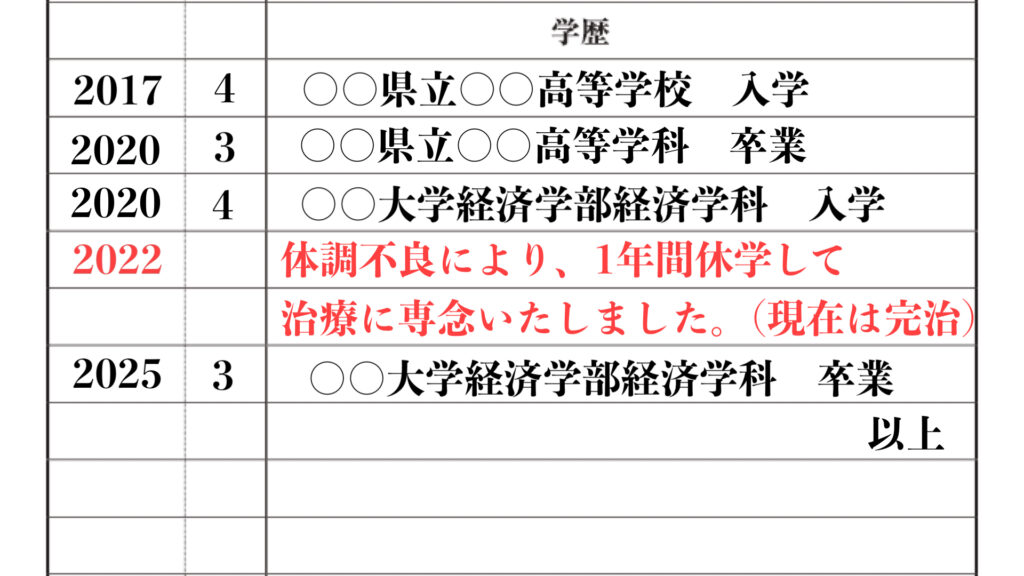 体調不良で休学した場合の履歴書の書き方